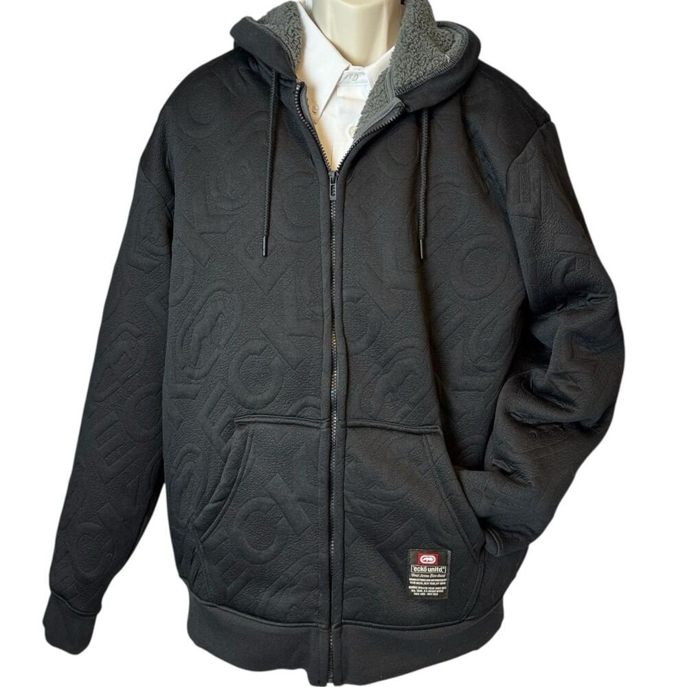 Ecko Unltd Embossed Sherpa Lined Zip Hoodie Jacket Black XL NWT